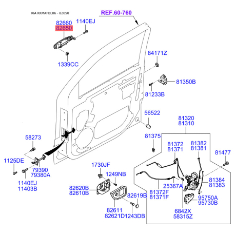 Ручка двери левая 82650-3E040 Mobis - 826503E040 - схема с каталога 82650, KKMAPBL06 826503E040