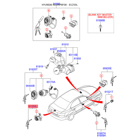 Замок задней двери 81250-3KA20 Mobis - 812503KA20 - схема с каталога 81250L, KEURPNF08 812503KA20