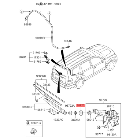 Крепление заднего рычага стеклоочистителя и трапеции 98723-2B000 Mobis - 987232B000 - схема с каталога 98723, KEURPHM07 987232B000