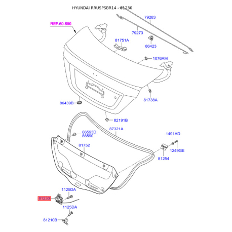 Замок кришки багажника 81230-1R000 Mobis - 812301R000 - схема з каталогу 81230, RRUSPSBR14 812301R000