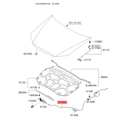 Тросик замка капота 81190-2F100 Mobis - 811902F100 - схема с каталога 81190A, KKMAPLS06 811902F100