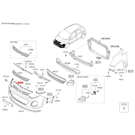 Бампер 86511-1W700 Mobis - 865111W700 - схема з каталогу 86511A, KKMAPIH15 865111W700