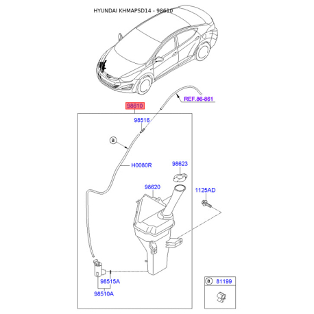 Бачок омивача 98610-3X500 Mobis - 986103X500 - схема з каталогу 98610, KHMAPSD14 986103X500