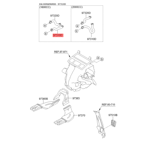 Шланг (патрубок) системы охлаждения 97311-2K000 Mobis - 973112K000 - схема с каталога 97310D, KKMAPAM08 973112K000