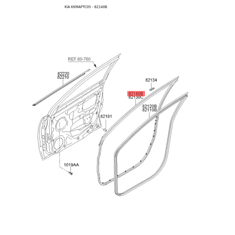 Ущільнення дверей праве 82140-1G000 Mobis - 821401G000 - схема з каталогу 82140B, KKMAPTC05 821401G000