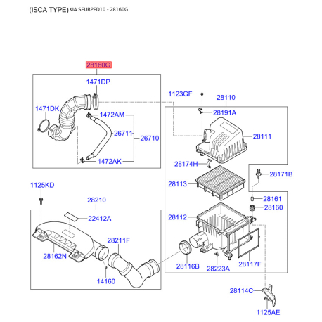 Шланг, система подачи воздуха 28130-2H000 Mobis - 281302H000 - схема с каталога 28160G, SEURPED10 281302H000