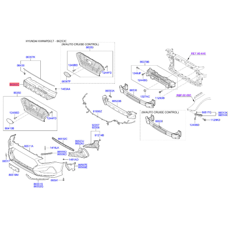 Решітка радіатора верхня 86361-E6700 Mobis - 86361E6700 - схема з каталогу 86353C, KHMAPE617 86361E6700