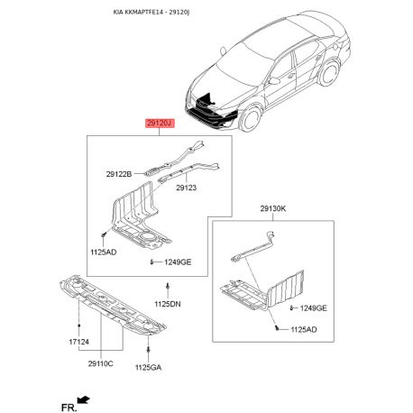 Захист двигуна / піддон двигуна правий 29120-2T000 Mobis - 291202T000 - схема з каталогу 29120J, KKMAPTFE14 291202T000