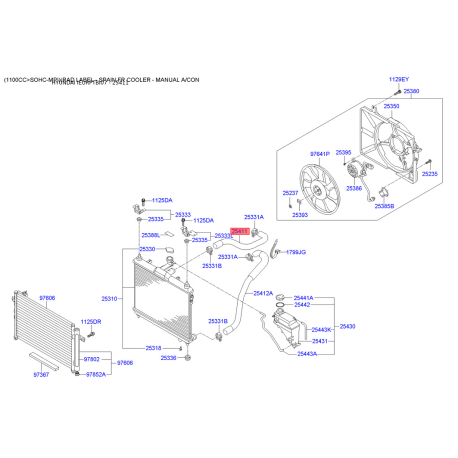Шланг радіатора верхній 25411-1C000 Mobis - 254111C000 - схема з каталогу 25411, IEURPTBI07 254111C000