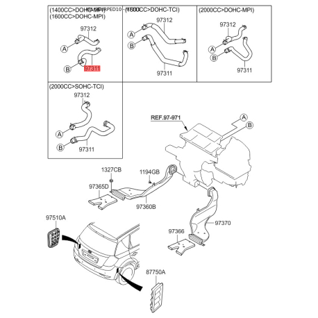 Шланг, теплообменник - отопление 97311-2R150 Mobis - 973112R150 - схема с каталога 97311, SEURPED10 973112R150