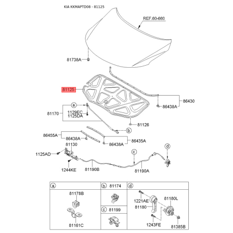 Шумоизоляция (теплоизоляция) капота 81125-1M000 Mobis - 811251M000 - схема с каталога 81125, KKMAPTD08 811251M000