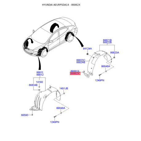 Кріплення підкрилка і бризковика праве 86862-3X200 Mobis - 868623X200 - схема з каталогу 86862X, AEURPSDA14 868623X200