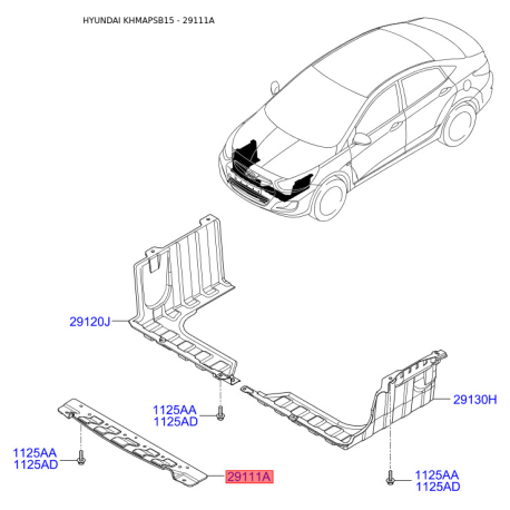 Захист двигуна / піддон двигуна передній 29110-1R600 Mobis - 291101R600 - схема з каталогу 29111A, KHMAPSB15 291101R600