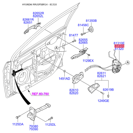 Замок двери левый 81310-4L010 Mobis - 813104L010 - схема с каталога 81310, RRUSPSBR14 813104L010