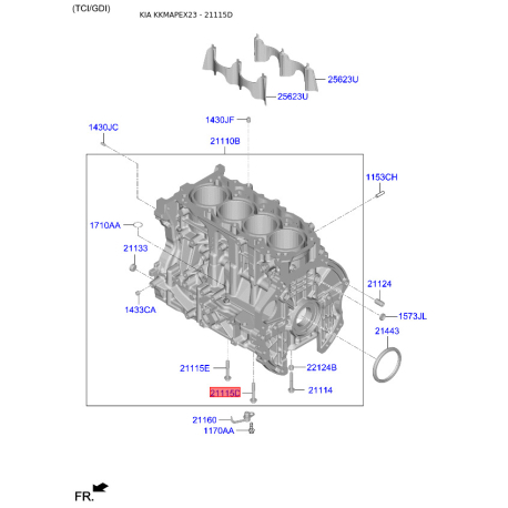 Болт блоку циліндрів 21118-2G000 Mobis - 211182G000 - схема з каталогу 21115D, KKMAPEX23 211182G000