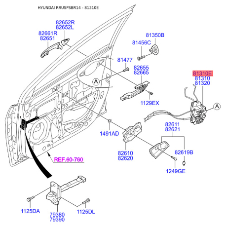 Замок дверей лівий 81310-4L030 Mobis - 813104L030 - схема з каталогу 81310E, RRUSPSBR14 813104L030