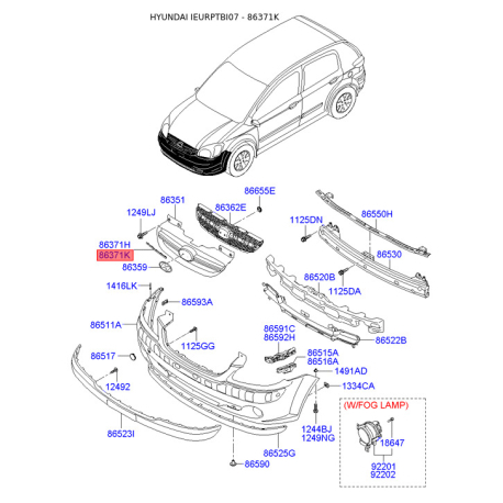 Кронштейн, буфер правий 86364-1C310 Mobis - 863641C310 - схема з каталогу 86371K, IEURPTBI07 863641C310