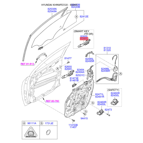 Ручка дверей права 82665-D3700 Mobis - 82665D3700 - схема з каталогу 82665, KHMAPD318 82665D3700