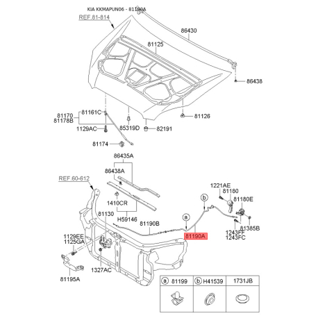 Тросик замку капота 81190-1D000 Mobis - 811901D000 - схема з каталогу 81190A, KKMAPUN06 811901D000