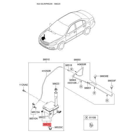 Бачок омывателя 98620-2G500 Mobis - 986202G500 - схема с каталога 98620, KEURPMG09 986202G500