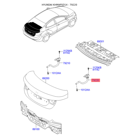Петля дверей задка (кришки багажника) права 79220-3X200 Mobis - 792203X200 - схема з каталогу 79220, KHMAPSD14 792203X200
