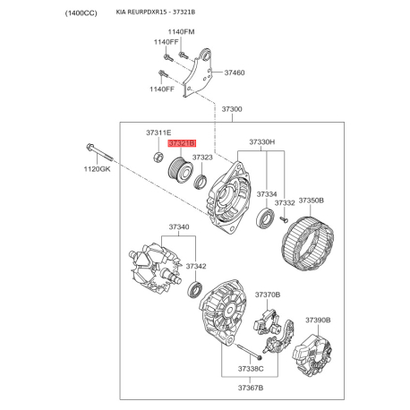 Шкив инерционный (муфта) генератора 37321-37406 Mobis - 3732137406 - схема с каталога 37321B, REURPDXR15 3732137406