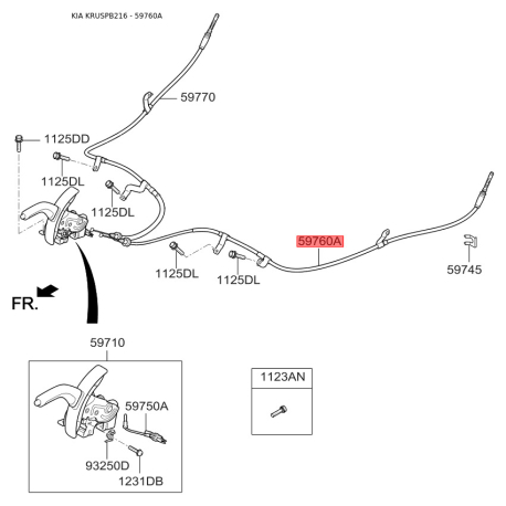 Трос стоянкової гальмівної системи лівий 59760-B2300 Mobis - 59760B2300 - схема з каталогу 59760A, KRUSPB216 59760B2300