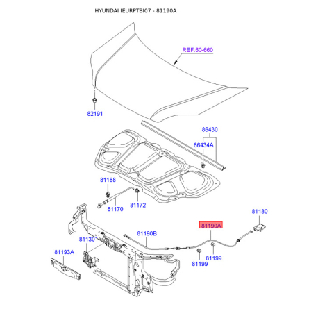 Тросик замку капота 81190-1C000 Mobis - 811901C000 - схема з каталогу 81190A, IEURPTBI07 811901C000