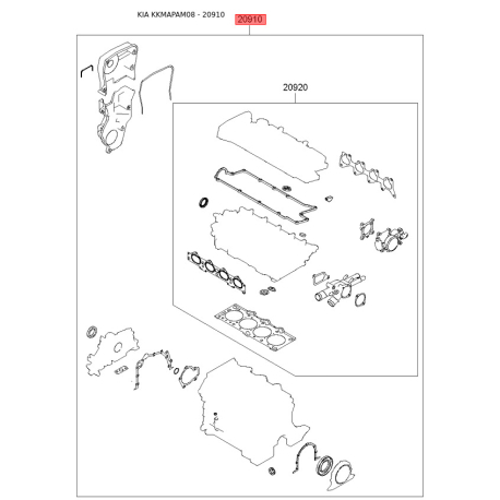 Комплект прокладок двигуна 20910-23H00 Mobis - 2091023H00 - схема з каталогу 20910, KKMAPAM08 2091023H00