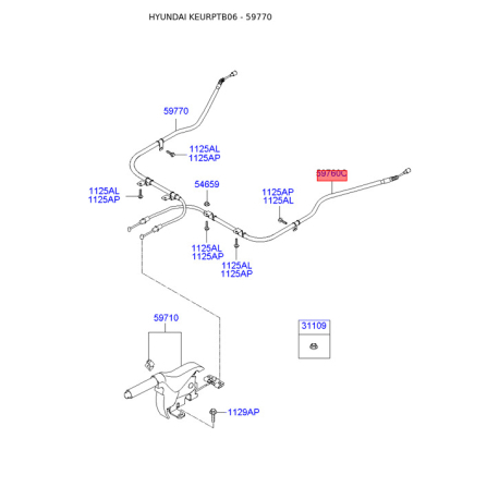 Трос стояночной тормозной системы правый 59770-1C050 Mobis - 597701C050 - схема с каталога 59770, KEURPTB06 597701C050