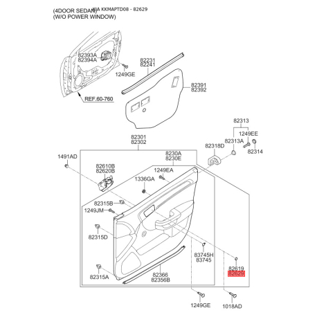 Пістон (кліпса) оббивки дверей правий 82619-1M030DAJ Mobis - 826191M030DAJ - схема з каталогу 82629, KKMAPTD08 826191M030DAJ