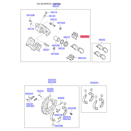 Монтажный комплект тормозных колодок (дисковый тормоз) 58246-1G300 Mobis - 582461G300 - схема с каталога 58244A, SEURPED10 582461G300