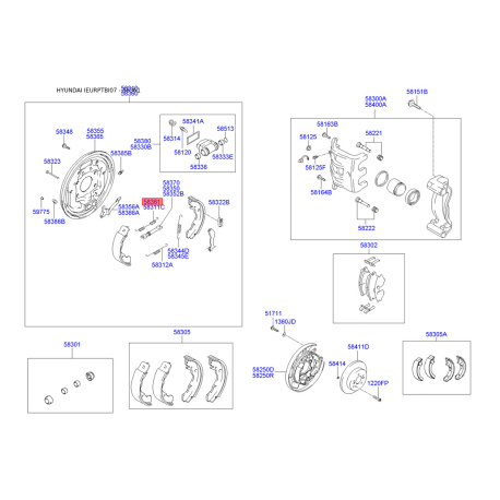 Пружина стяжна верхня колодок стоянкового гальма права верхня 58361-1C000 Mobis - 583611C000 - схема з каталогу 58361 583611C000