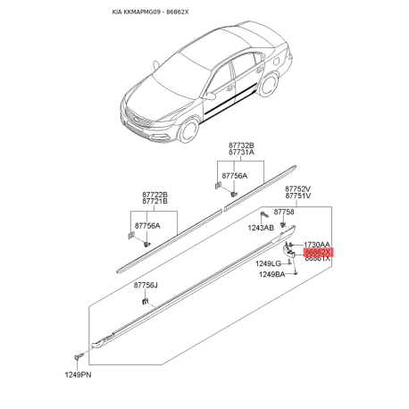 Крепления подкрылка и брызговика правое 86864-2G500 Mobis - 868642G500 - схема с каталога 86862X, KKMAPMG09 868642G500