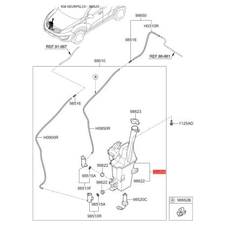 Бачок омывателя 98620-3W000 Mobis - 986203W000 - схема с каталога 98620, KEURPSL10 986203W000