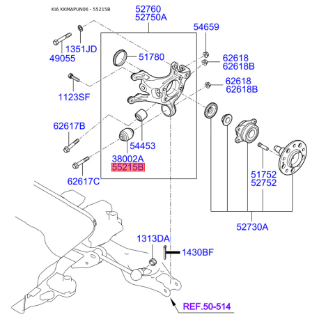 Сайлентблок заднього нижнього важеля 55215-1D000 Mobis - 552151D000 - схема з каталогу 55215B, KKMAPUN06 552151D000