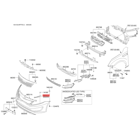 Кронштейн, буфер левый 86583-2T000 Mobis - 865832T000 - схема с каталога 86583K, KEURPTFE11 865832T000