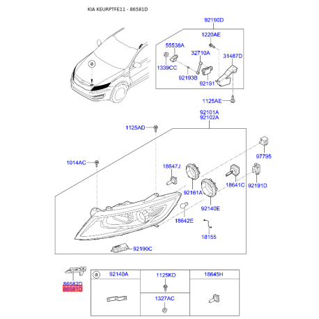 Кронштейн, буфер левый верхний 86581-2T000 Mobis - 865812T000 - схема с каталога 86581D, KEURPTFE11 865812T000