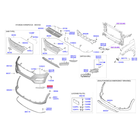 Кронштейн, буфер лівий 86555-D3500 Mobis - 86555D3500 - схема з каталогу 86555D, KHMAPD318 86555D3500