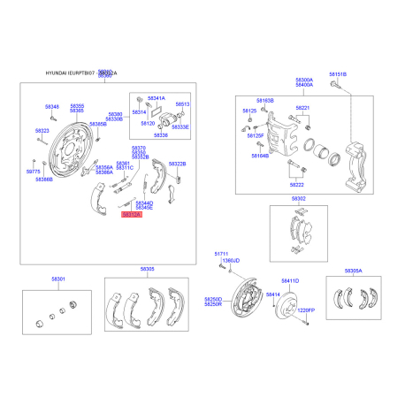 Пружина стяжна нижня колодок стоянкового гальма 58312-1C001 Mobis - 583121C001 - схема з каталогу 58312A, IEURPTBI07 583121C001