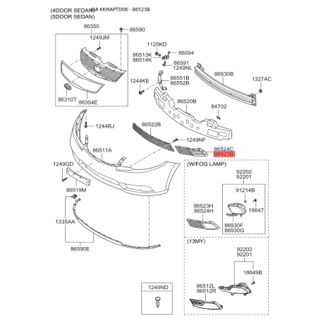 Облицовка, противотуманная фара левая 86563-1M600 Mobis - 865631M600 - схема с каталога 86523B, KKMAPTD08 865631M600