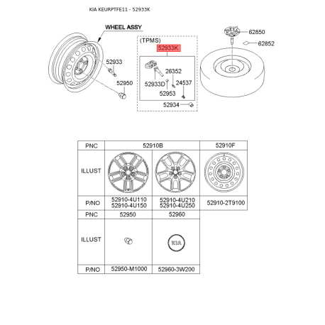 Датчик давления воздуха в шинах 52933-1J000 Mobis - 529331J000 - схема с каталога 52933K, KEURPTFE11 529331J000