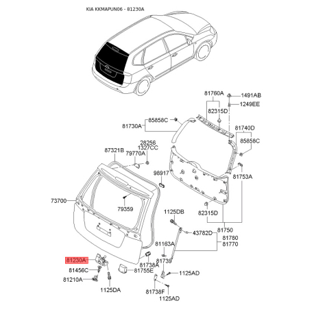 Замок крышки багажника 81230-1D000 Mobis - 812301D000 - схема с каталога 81230A, KKMAPUN06 812301D000