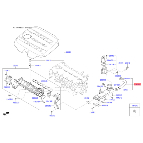 Шланг системы рециркуляции отработанных газов EGR 25650-2A700 Mobis - 256502A700 - схема с каталога 25650E, KRUSPB213 256502A700