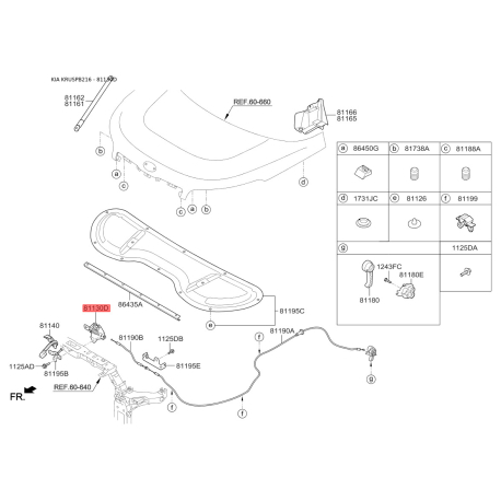 Замок капота левый 81130-B2000 Mobis - 81130B2000 - схема с каталога 81130D, KRUSPB216 81130B2000