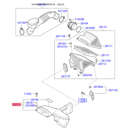 Рукав воздухозаборника, воздушный фильтр 28210-3S900 Mobis - 282103S900 - схема с каталога 28210, KEURPGF10 282103S900