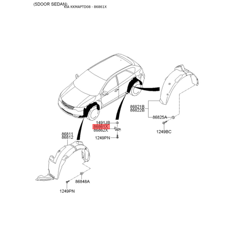 Кріплення підкрилка і бризковика ліве 86861-1M300 Mobis - 868611M300 - схема з каталогу 86861X, KKMAPTD08 868611M300