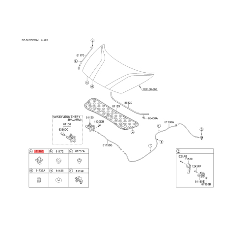 Упор капота і його кріплення 81176-1C000 Mobis - 811761C000 - схема з каталогу 81188, KKMAPIH12 811761C000
