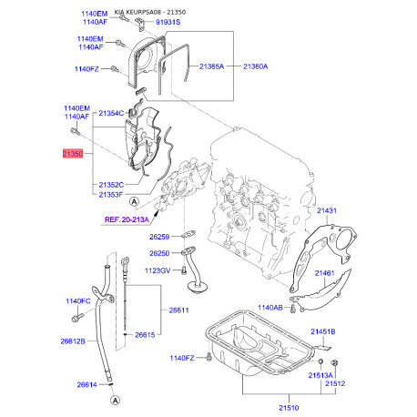 Кришка захисна ременя розподільчого вала нижня 21350-02200 Mobis - 2135002200 - схема з каталогу 21350, KEURPSA08 2135002200