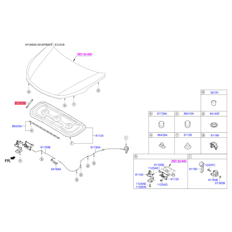 Газова пружина, капот 81161-B8001 Mobis - 81161B8001 - схема з каталогу 81161B, KEURPB816 81161B8001